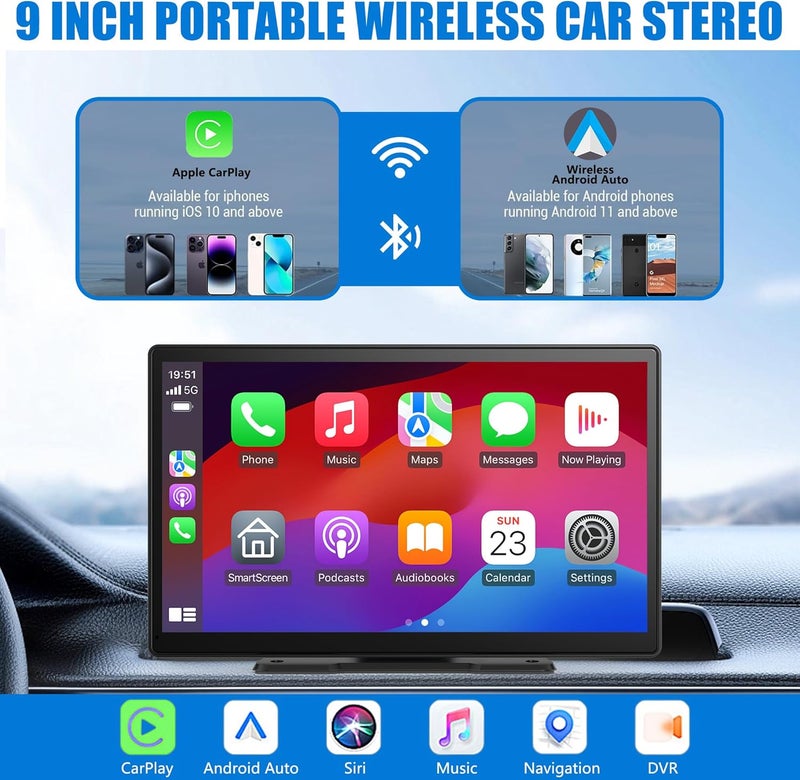 xpootoon 9-Inch Wireless Apple CarPlay & Android Auto, Portable Carplay Radio, 4K Dash Cam 1080P Backup Camera, Touchscreen with GPS Navigation, Bluetooth, Voice Control, Carplay Screen for All Cars - Image 2